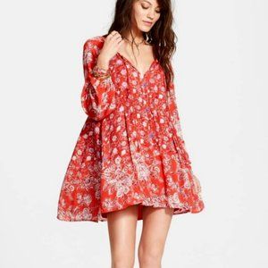 Free People Lucky Loosey Boho Floral Tunic Dress in Blood Orange Size Large L